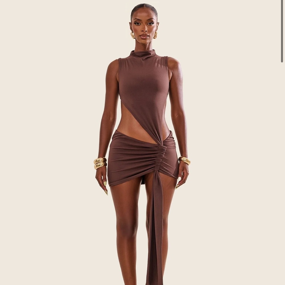 Chocolate Brown Asymmetric Cutout Mini Dress